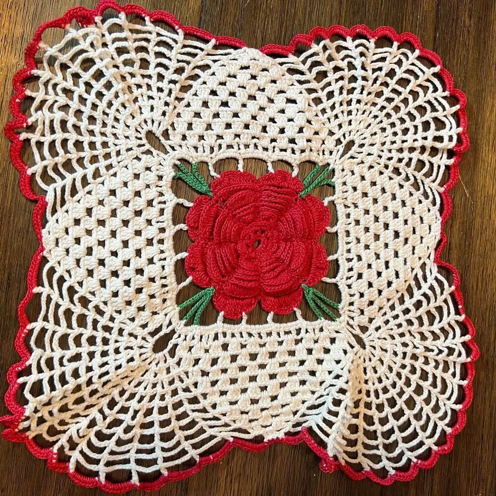 Vintage red rose handmade doily home decor pillow top crafts lace craft grandma